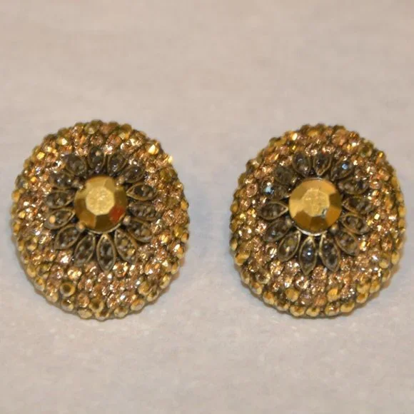 EVENING STATEMENT HOLIDAY JOSE & MARIA BARRERA BROWN GOLD OVAL CRYSTAL EARRINGS - Picture 1 of 10